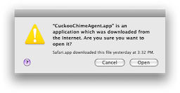 Leopard dialog: '“CuckooChimeAgent.app” is an application which was downloaded from the internet. Are you sure you want to open it?'