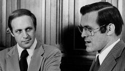 Presidential assistant Donald Rumsfeld, right, and his
deputy Richard Cheney meet with reporters at the White House in
Washington, D.C., Thursday, Nov. 7, 1975.